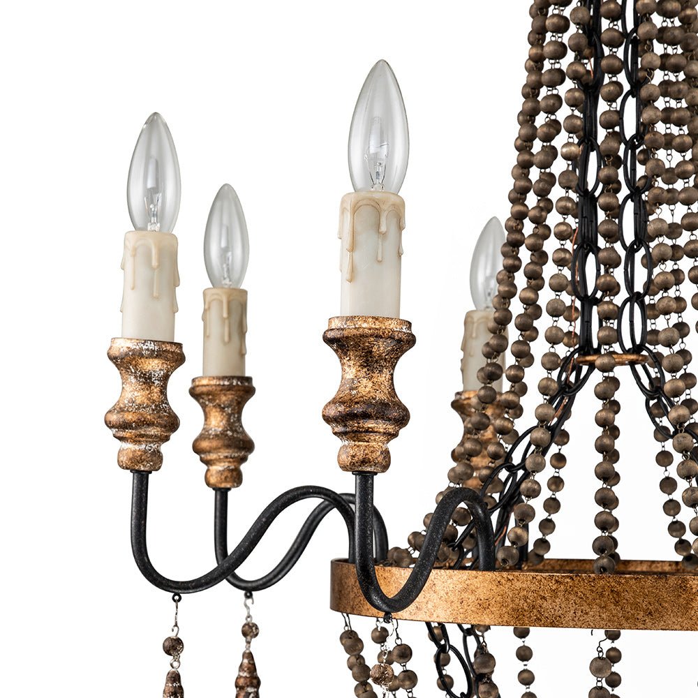 Delacroix Chandelier - French Country Iron & Wooden Bead Tassle Light