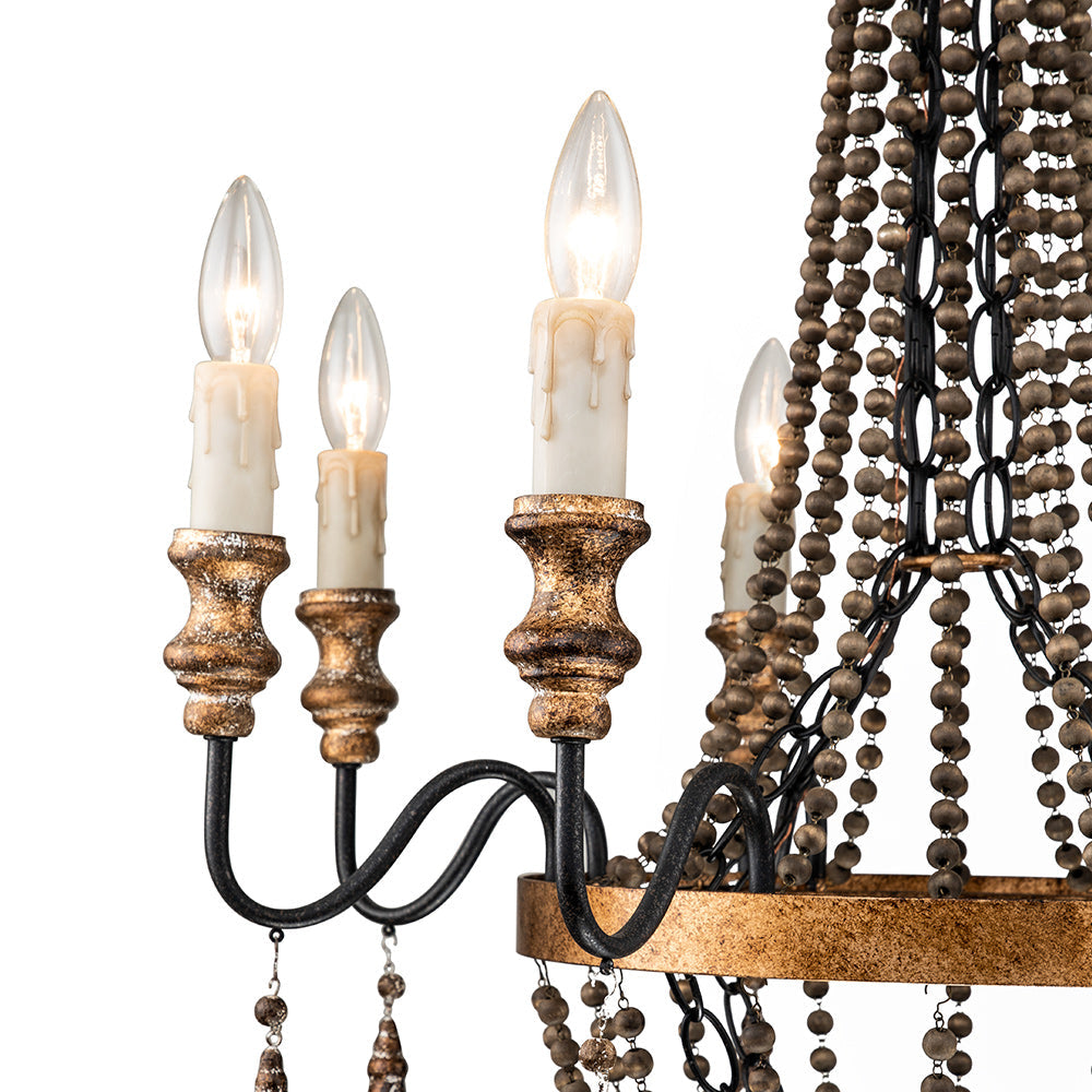 Delacroix Chandelier - French Country Iron & Wooden Bead Tassle Light