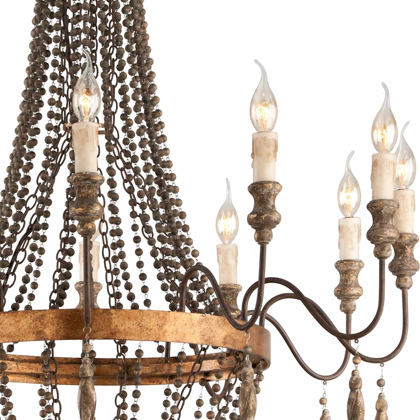 Delacroix Chandelier - French Country Iron & Wooden Bead Tassle Light