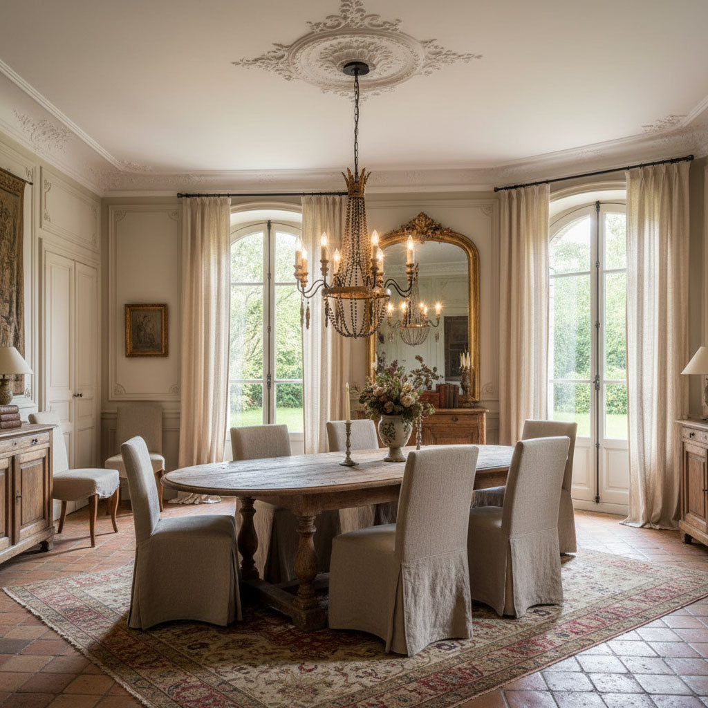 Delacroix Chandelier - French Country Iron & Wooden Bead Tassle Light