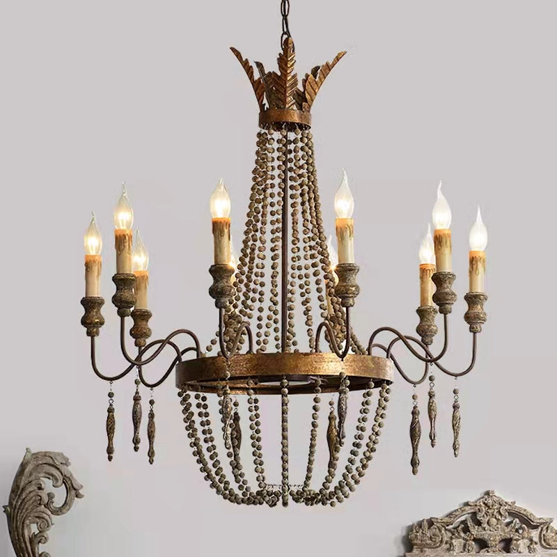 Delacroix Chandelier - French Country Iron & Wooden Bead Tassle Light