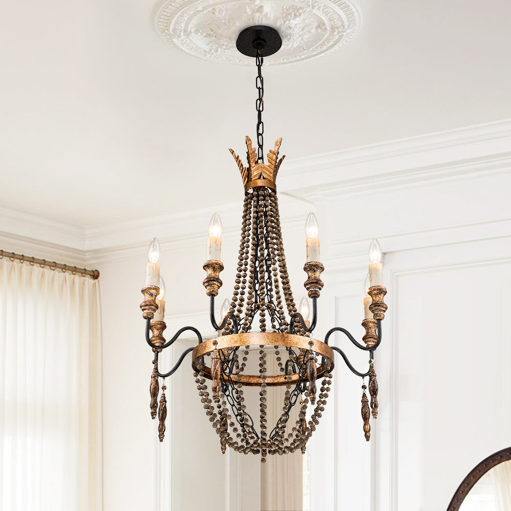 Delacroix Chandelier - French Country Iron & Wooden Bead Tassle Light