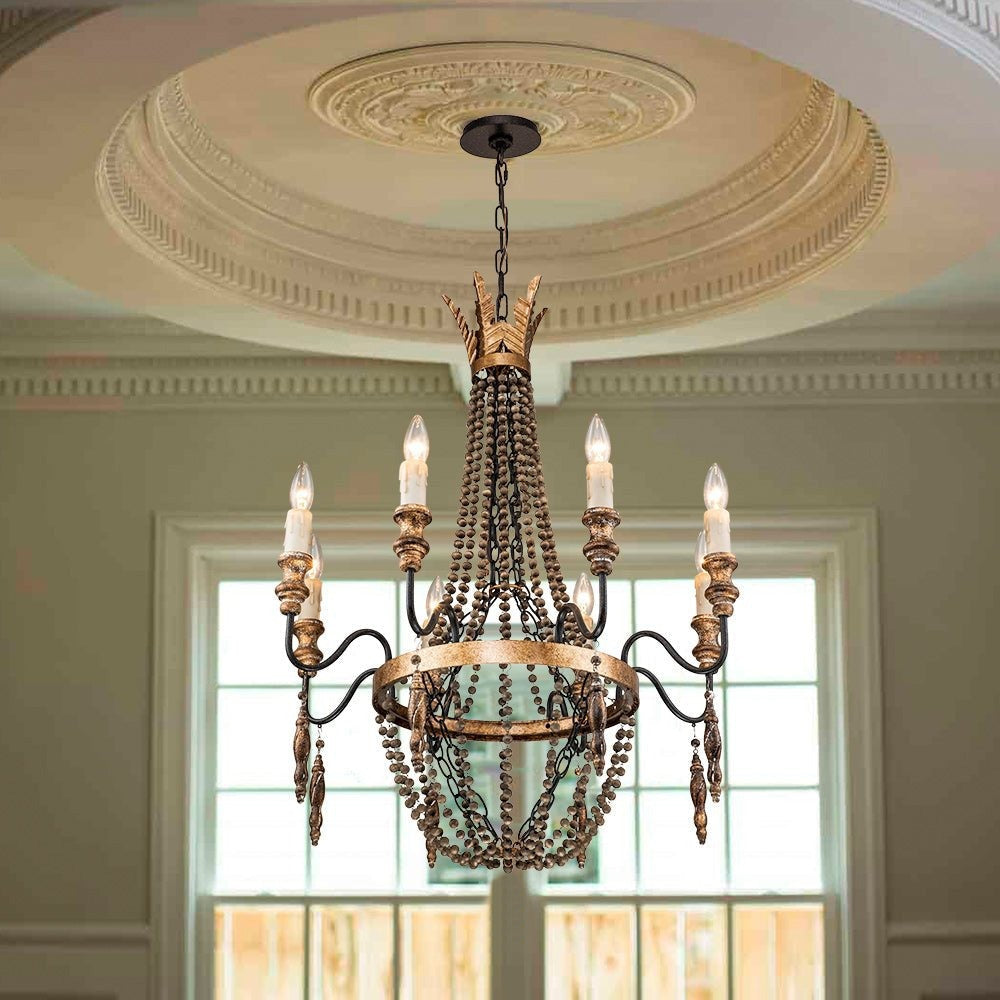 Delacroix Chandelier - French Country Iron & Wooden Bead Tassle Light