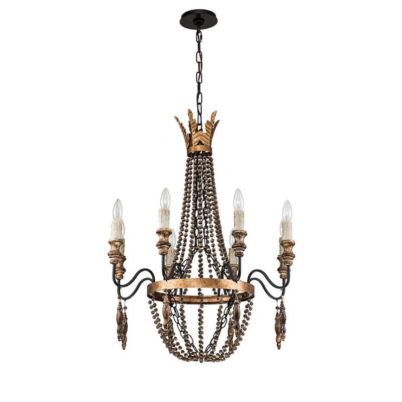 Delacroix Chandelier - French Country Iron & Wooden Bead Tassle Light