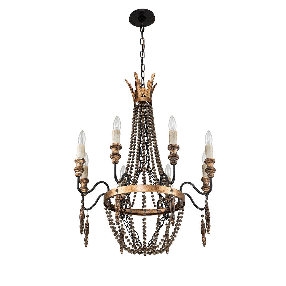 Delacroix Chandelier - French Country Iron & Wooden Bead Tassle Light