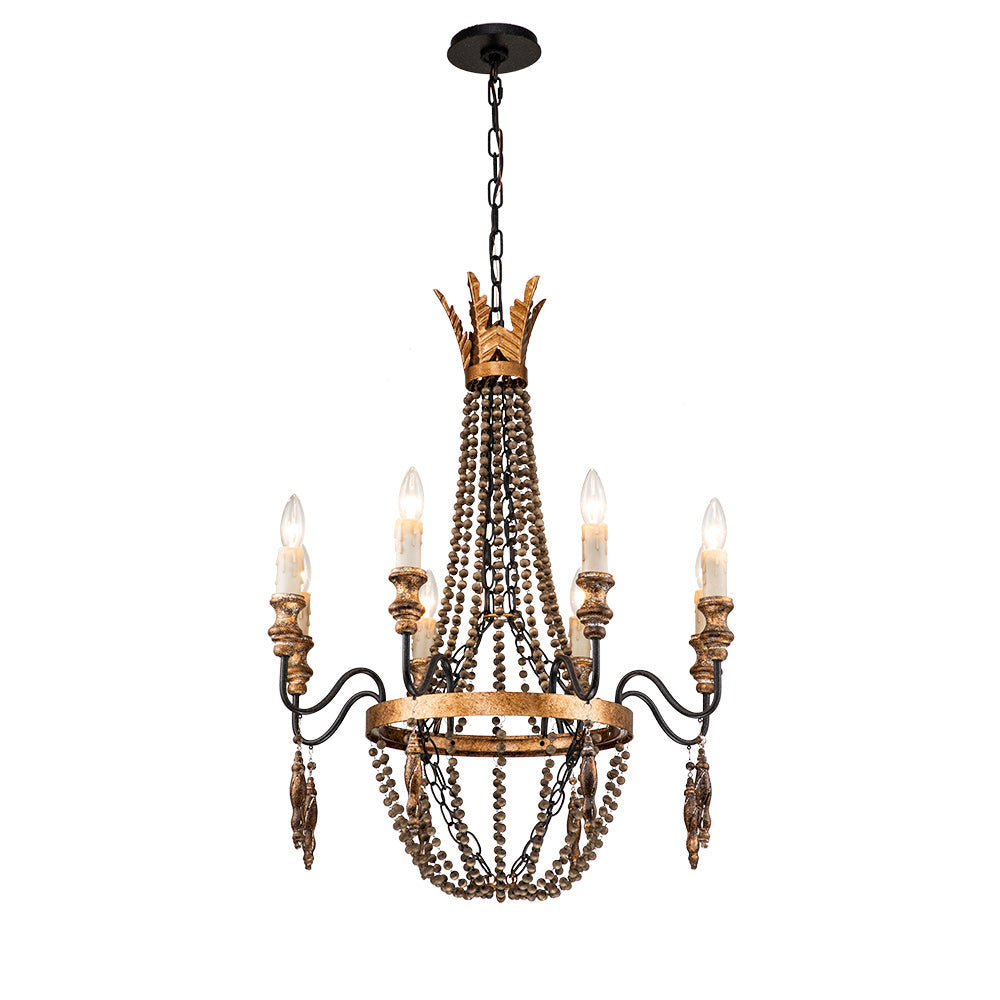 Delacroix Chandelier - French Country Iron & Wooden Bead Tassle Light
