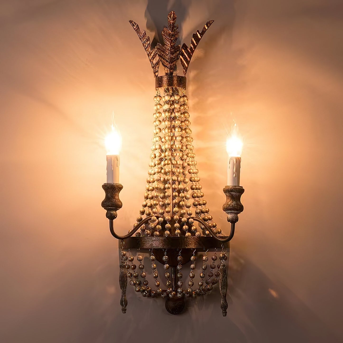 Delacroix Wall Lamp - 2-Light Antique Gold Iron Sconce with Wooden Beads
