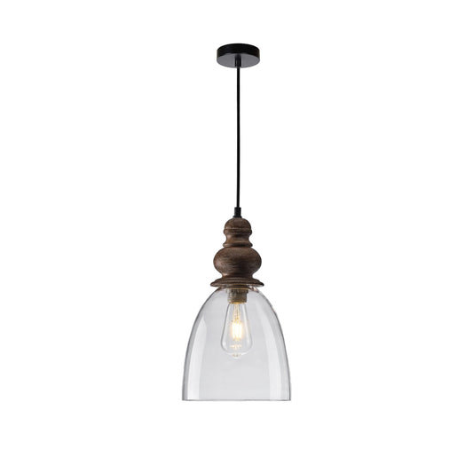 Delmare Glass Pendant Lamp - Farmhouse 1-Light Bell Glass & Wood Pendan