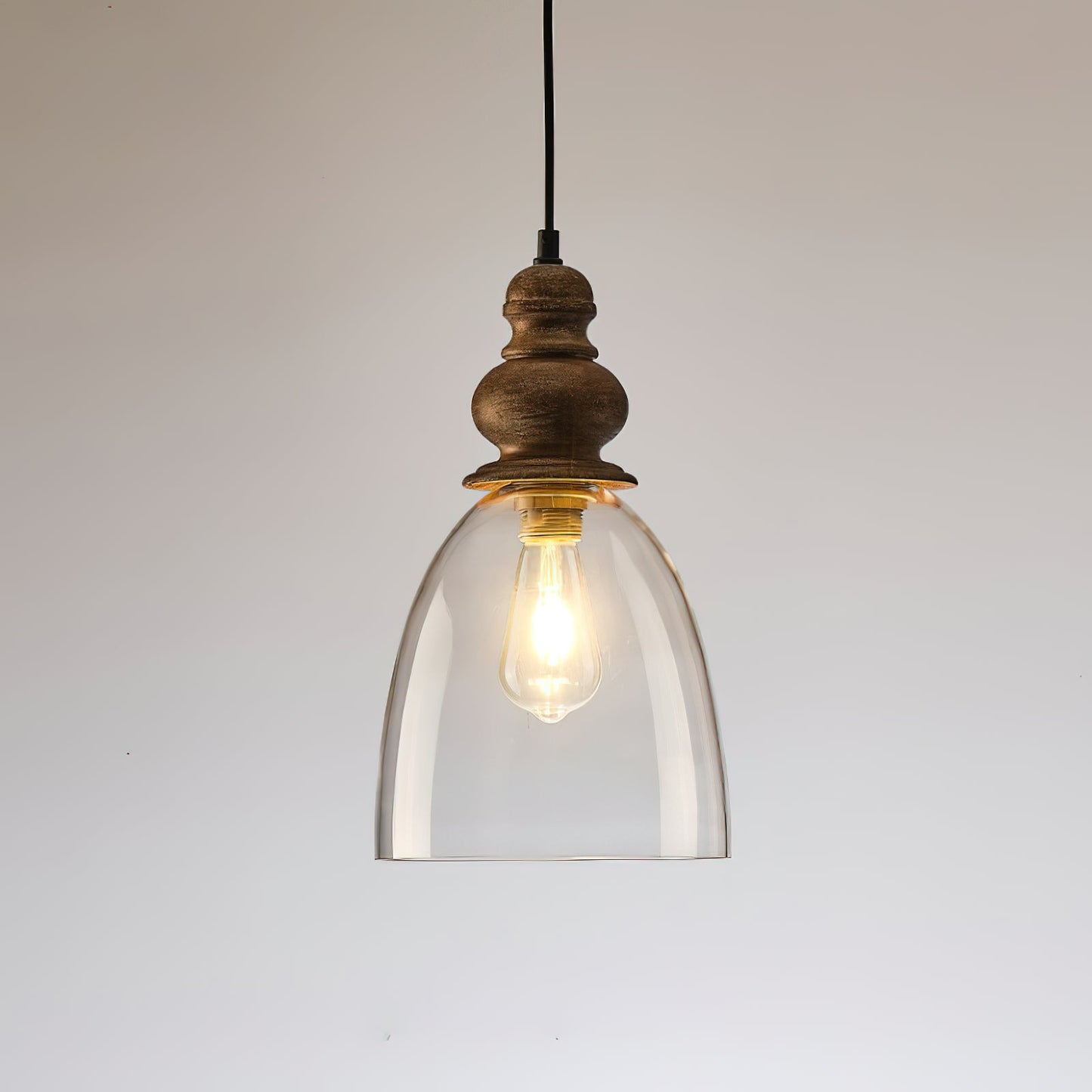 Delmare Glass Pendant Lamp - Farmhouse 1-Light Bell Glass & Wood Pendan