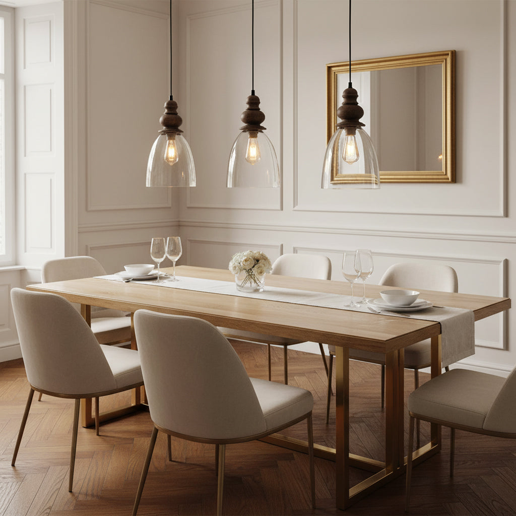 Delmare Glass Pendant Lamp - Farmhouse 1-Light Bell Glass & Wood Pendan