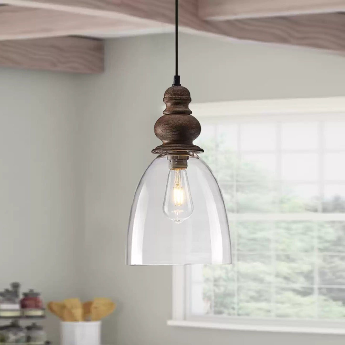 Delmare Glass Pendant Lamp - Farmhouse 1-Light Bell Glass & Wood Pendan