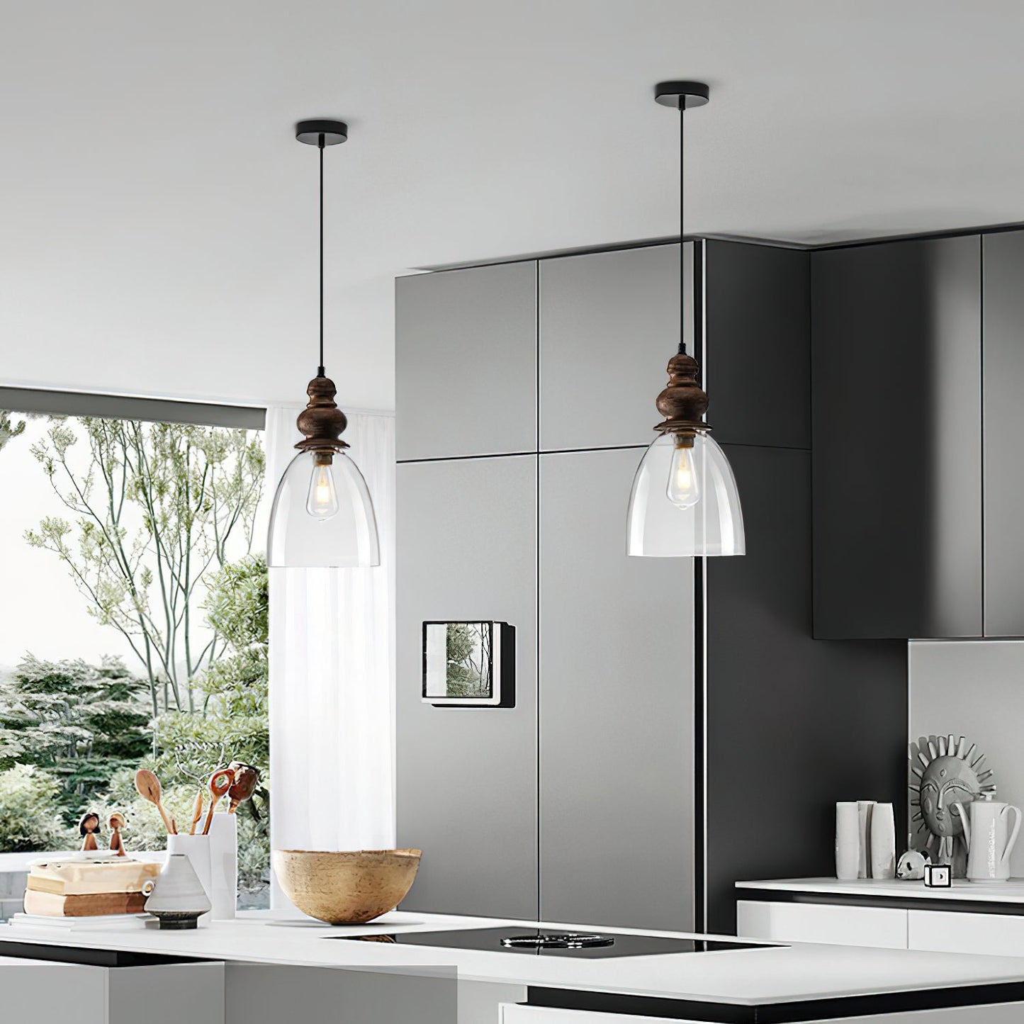 Delmare Glass Pendant Lamp - Farmhouse 1-Light Bell Glass & Wood Pendan