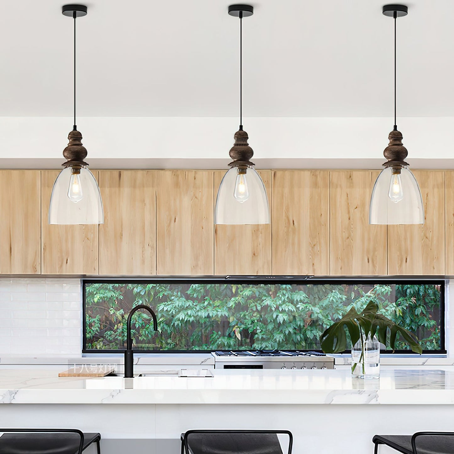Delmare Glass Pendant Lamp - Farmhouse 1-Light Bell Glass & Wood Pendan