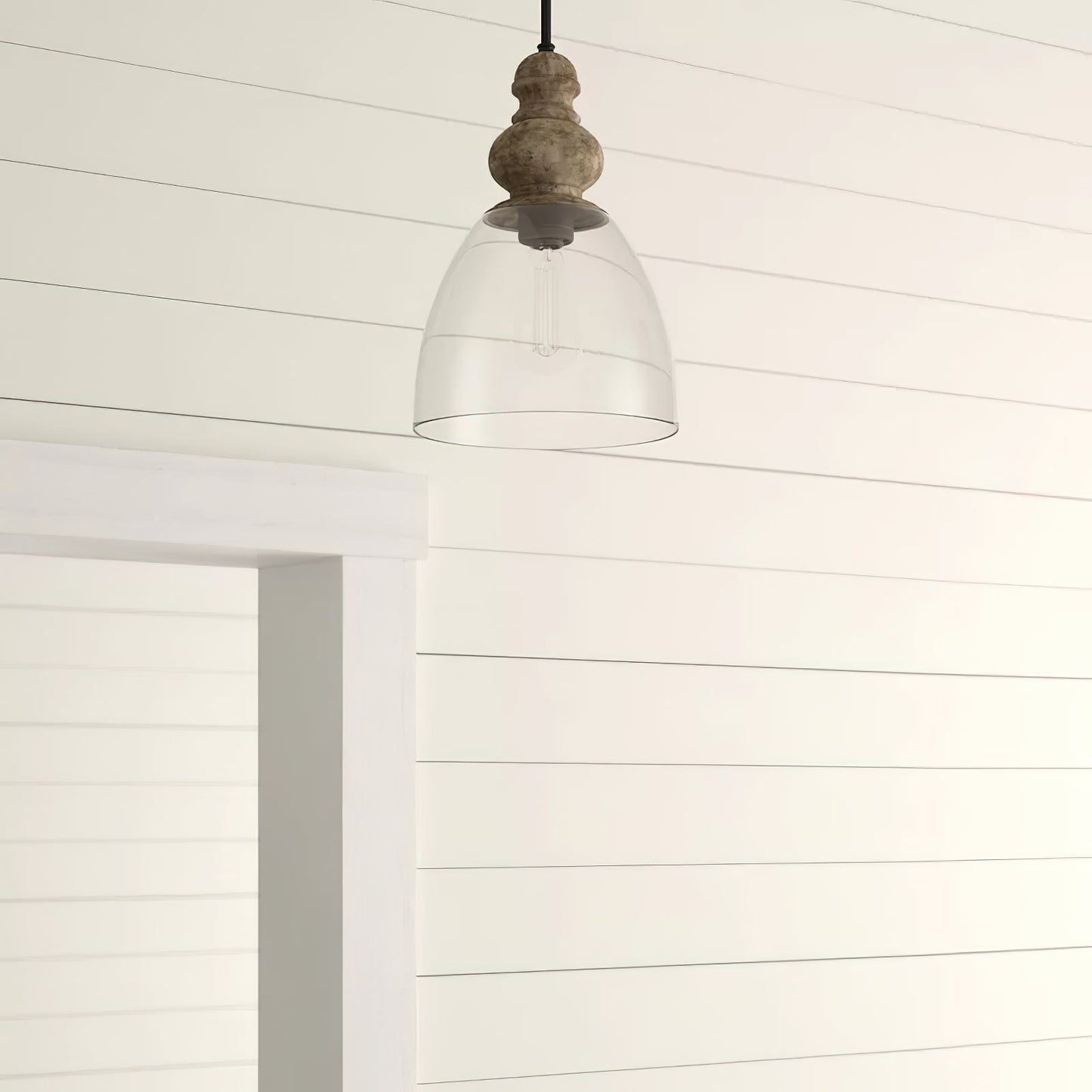 Delmare Glass Pendant Lamp - Farmhouse 1-Light Bell Glass & Wood Pendan