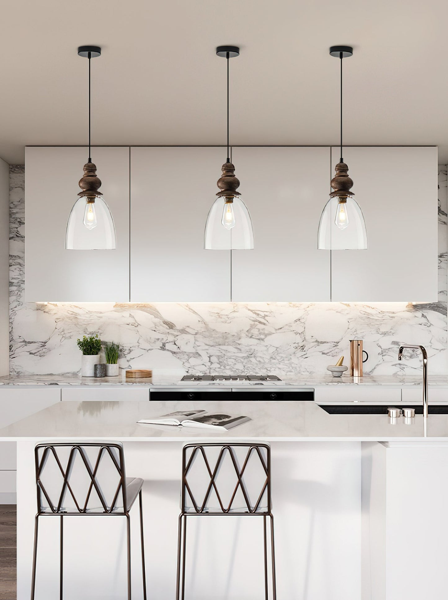 Delmare Glass Pendant Lamp - Farmhouse 1-Light Bell Glass & Wood Pendan