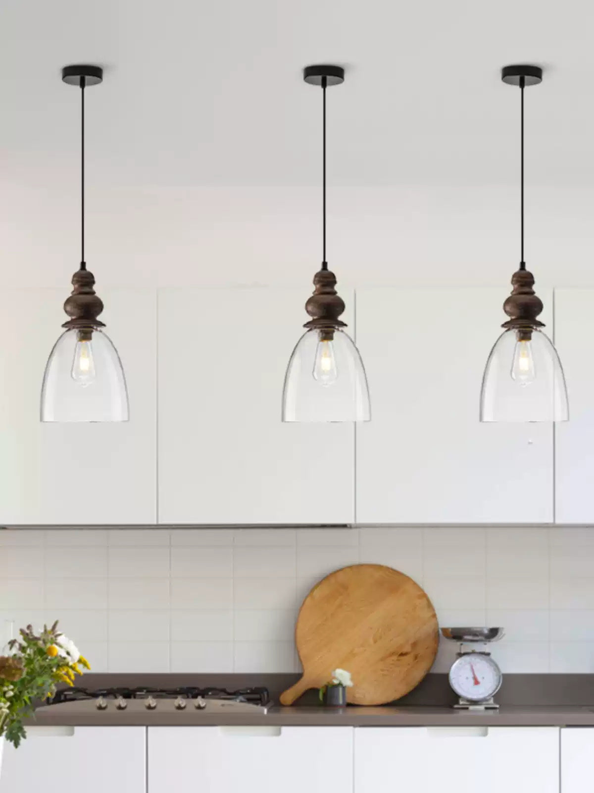 Delmare Glass Pendant Lamp - Farmhouse 1-Light Bell Glass & Wood Pendan