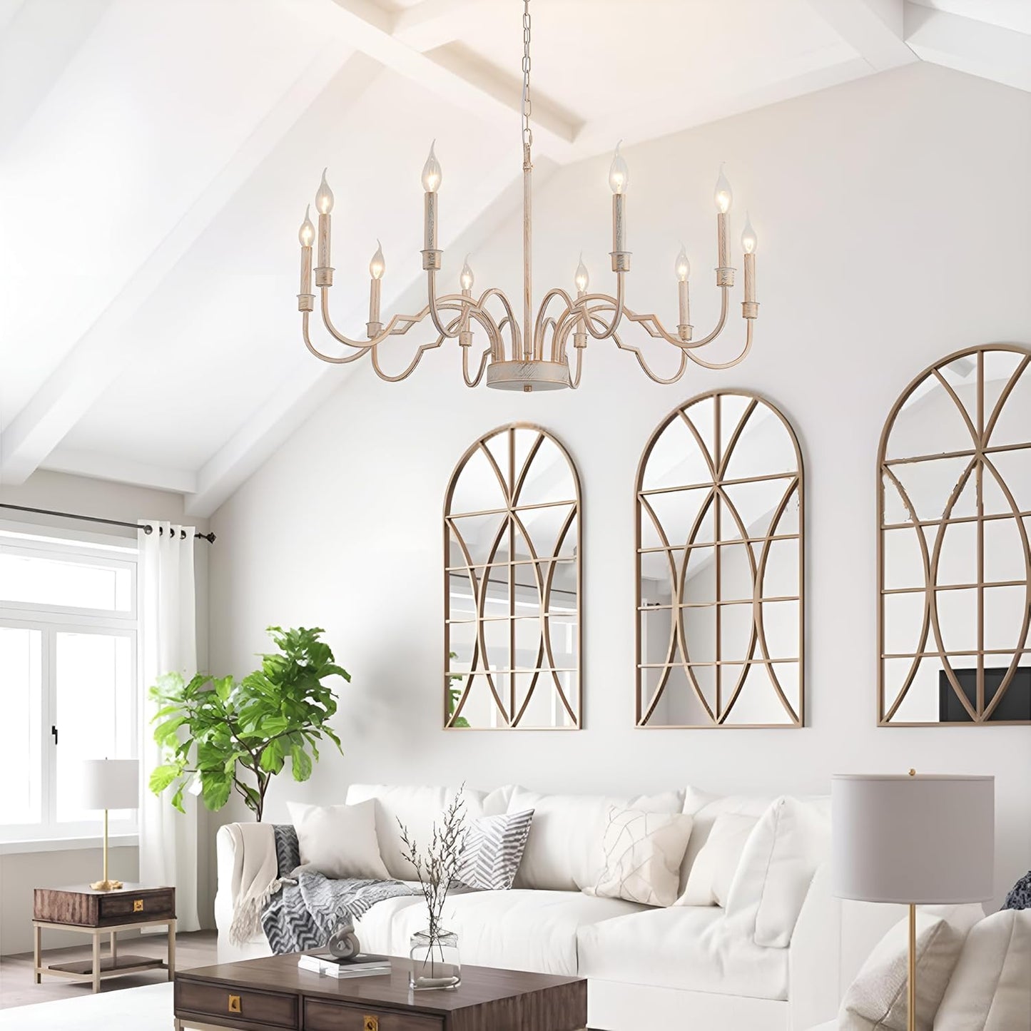 Demi Chandelier - Greek Key Inspired Brass Pendant in Imitation White