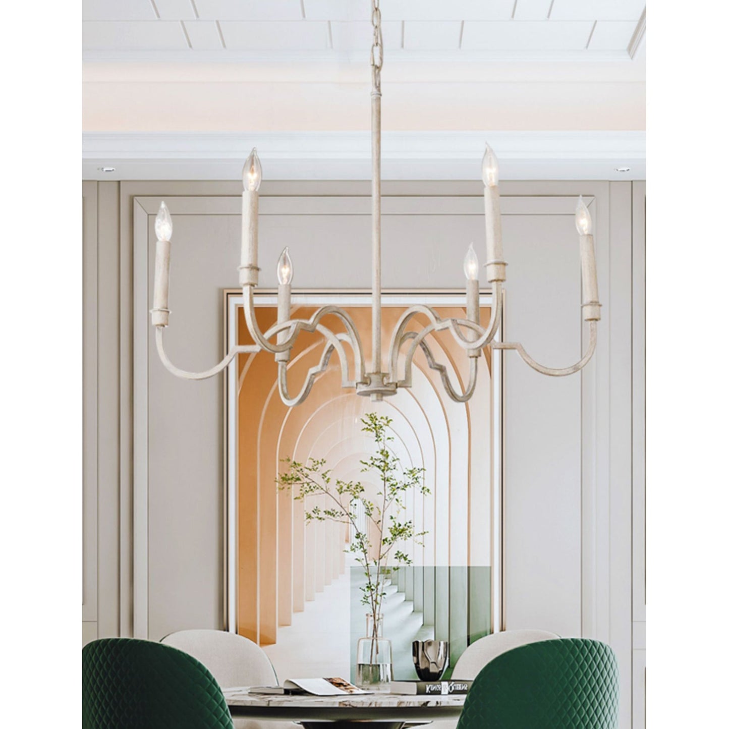 Demi Chandelier - Greek Key Inspired Brass Pendant in Imitation White