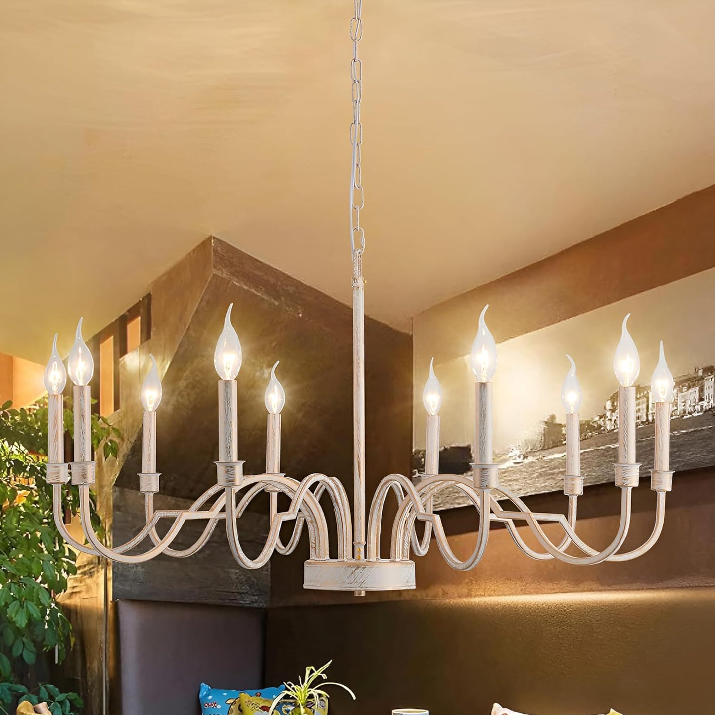 Demi Chandelier - Greek Key Inspired Brass Pendant in Imitation White