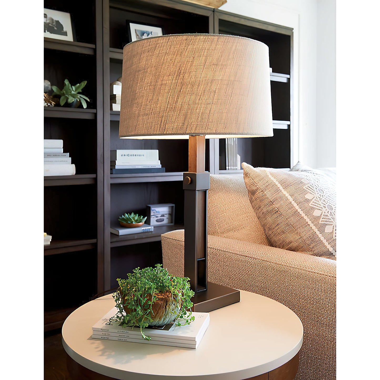 Denley Table Lamp - Modern Mixed-Material Wood & Metal Light with Linen Shade