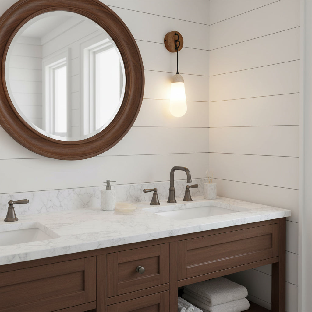 Denton Wall Lamp - Modern Travertine & Walnut Wood Sconce
