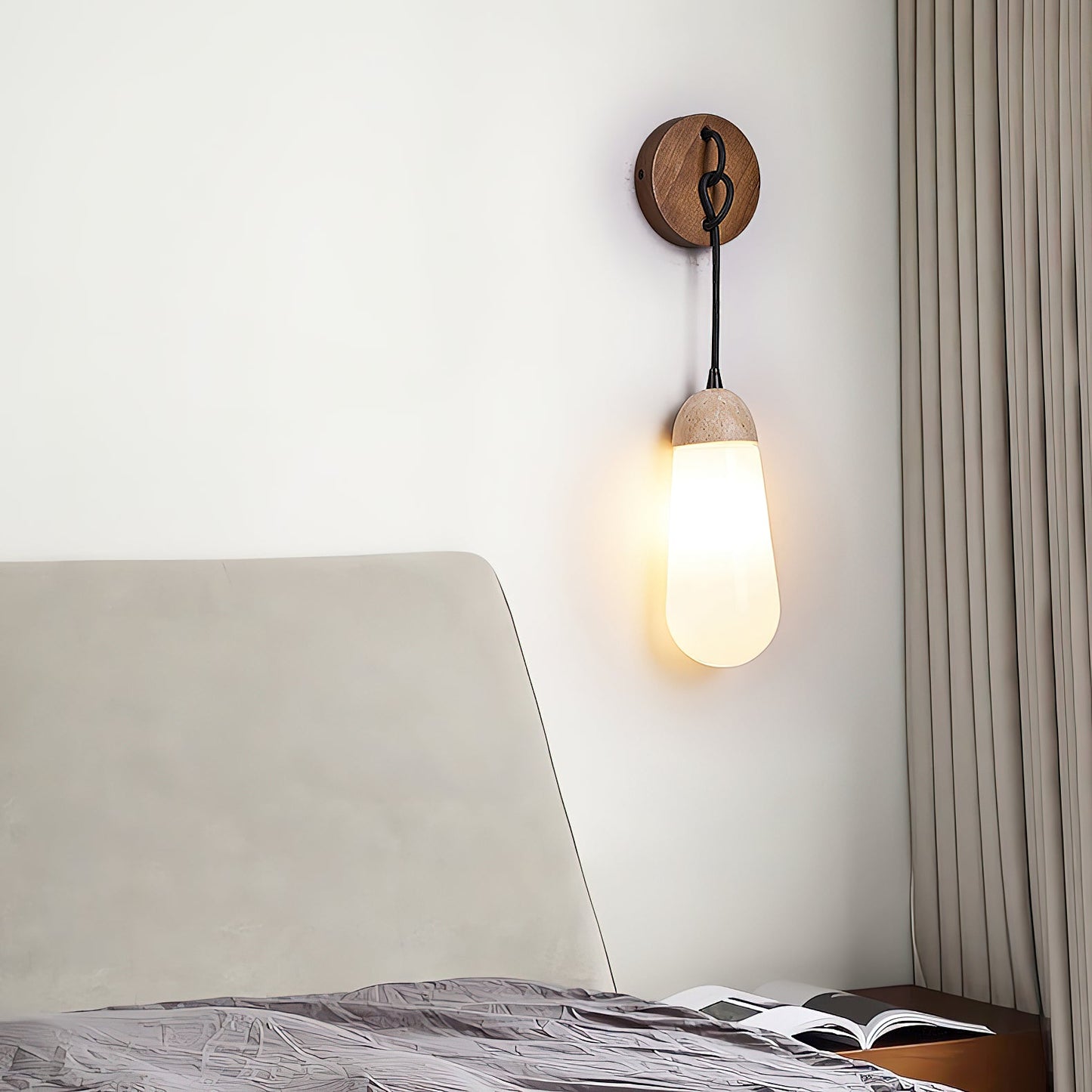Denton Wall Lamp - Modern Travertine & Walnut Wood Sconce