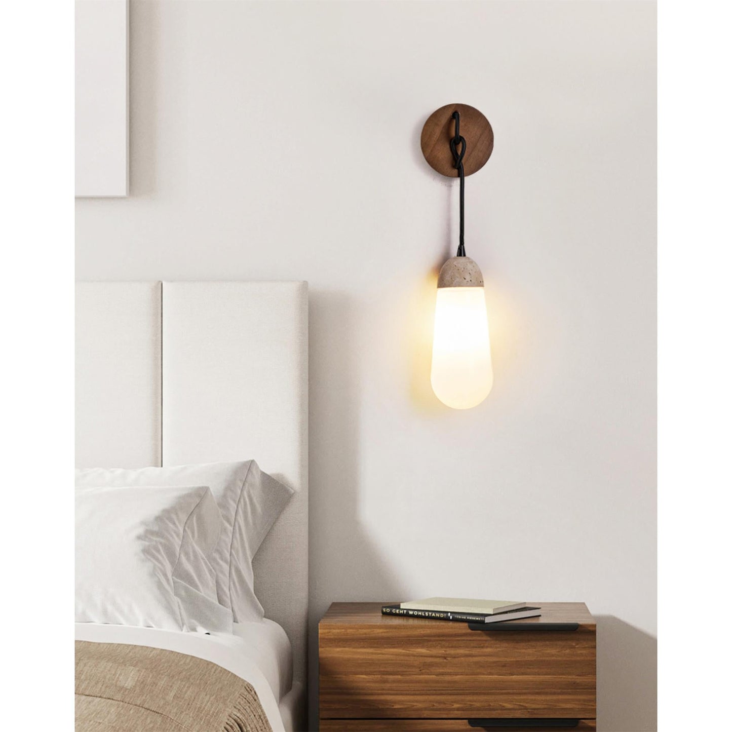 Denton Wall Lamp - Modern Travertine & Walnut Wood Sconce