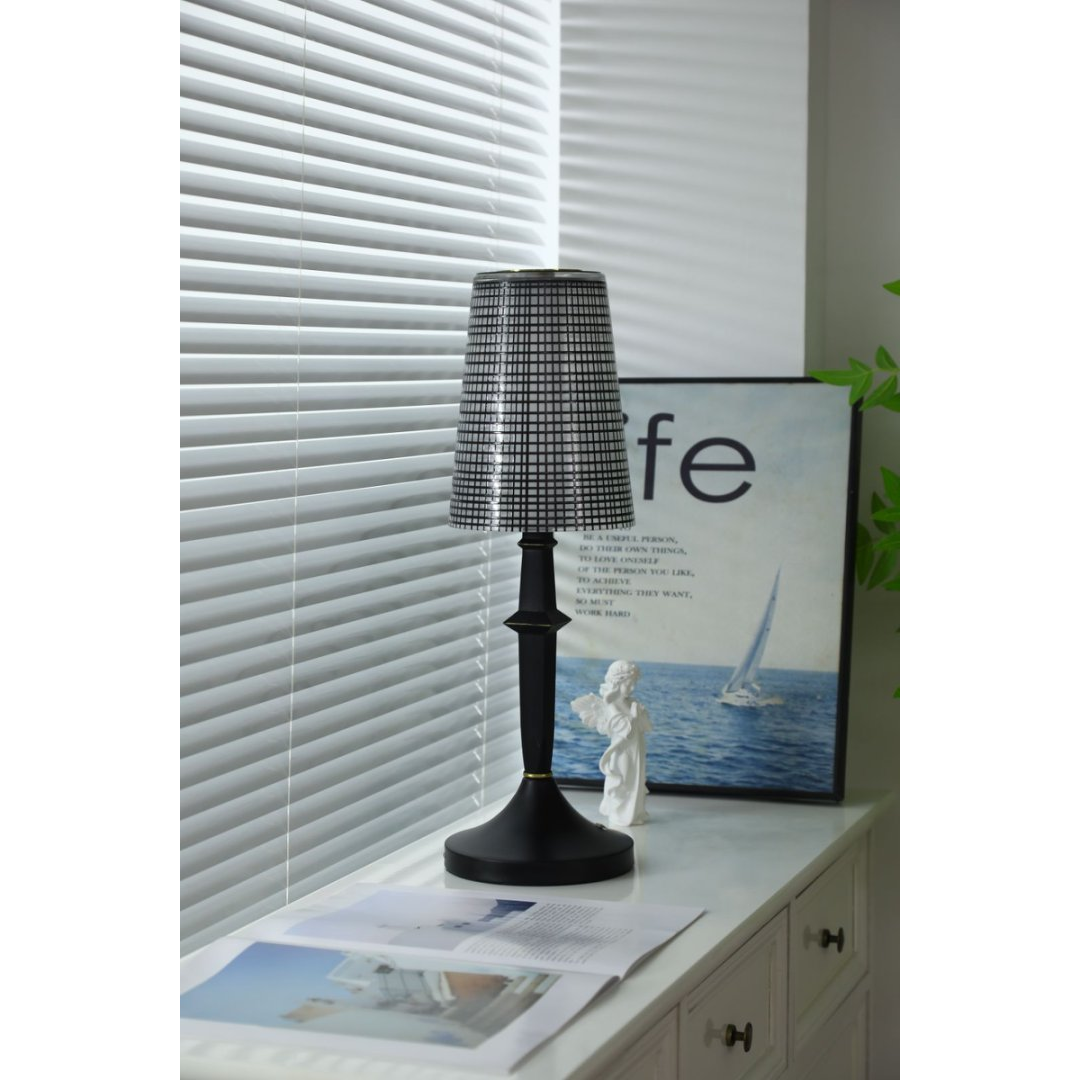 Devon Black Table Lamp - Portable Cordless Rechargeable Wood & Glass Light