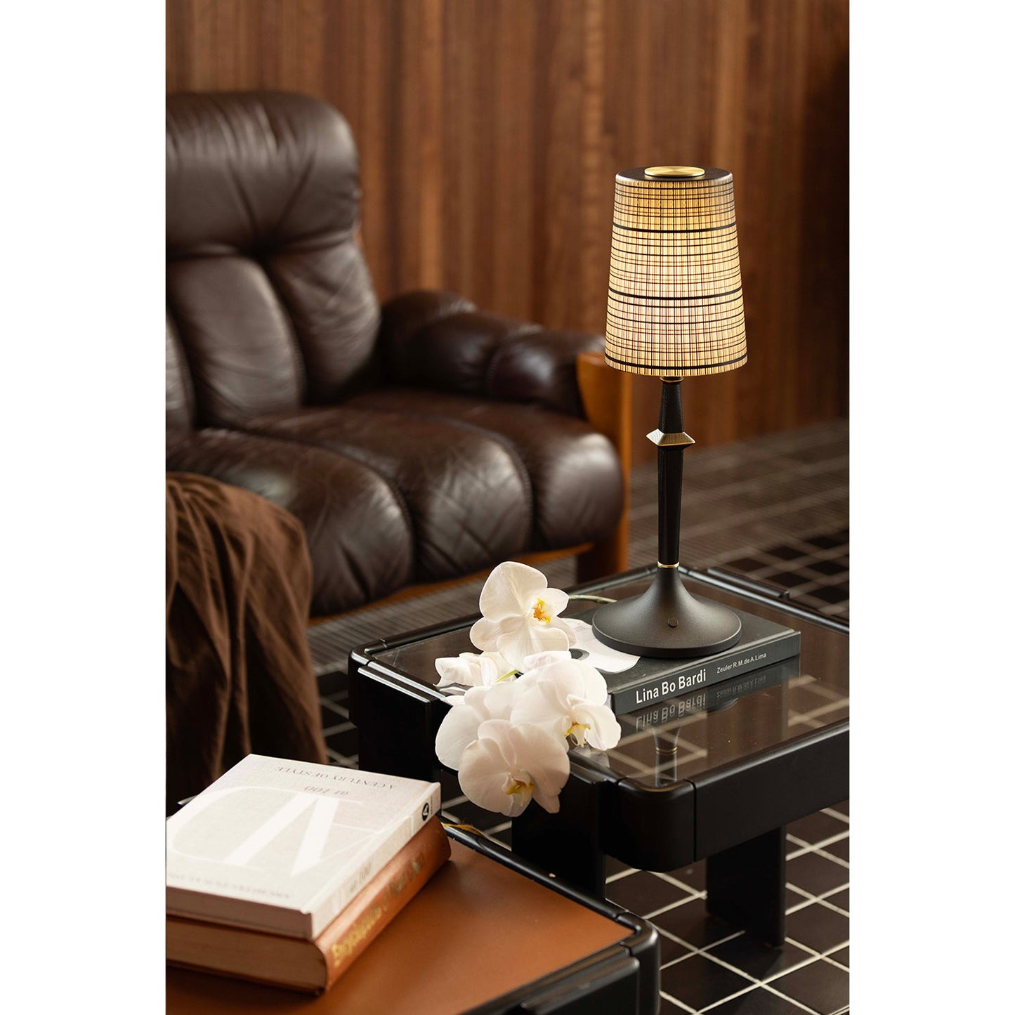 Devon Black Table Lamp - Portable Cordless Rechargeable Wood & Glass Light