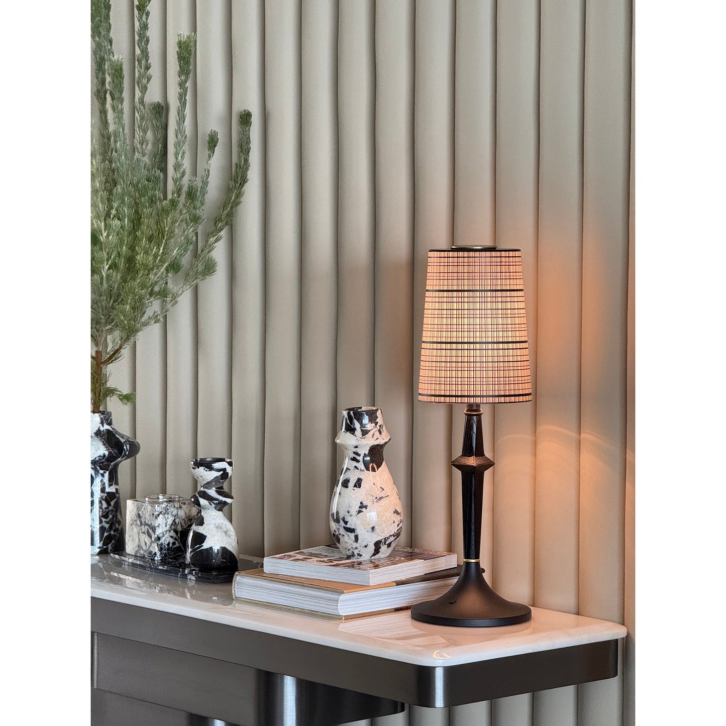 Devon Black Table Lamp - Portable Cordless Rechargeable Wood & Glass Light