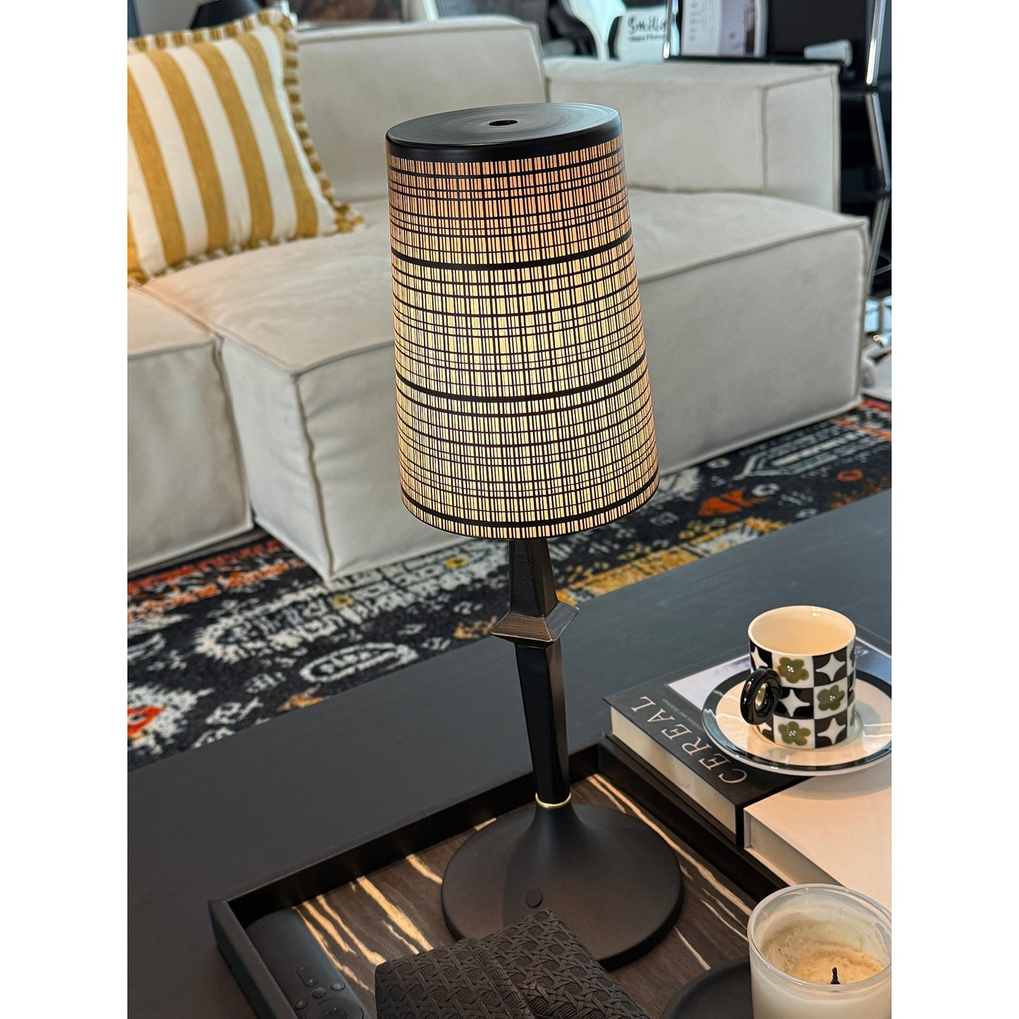 Devon Black Table Lamp - Portable Cordless Rechargeable Wood & Glass Light