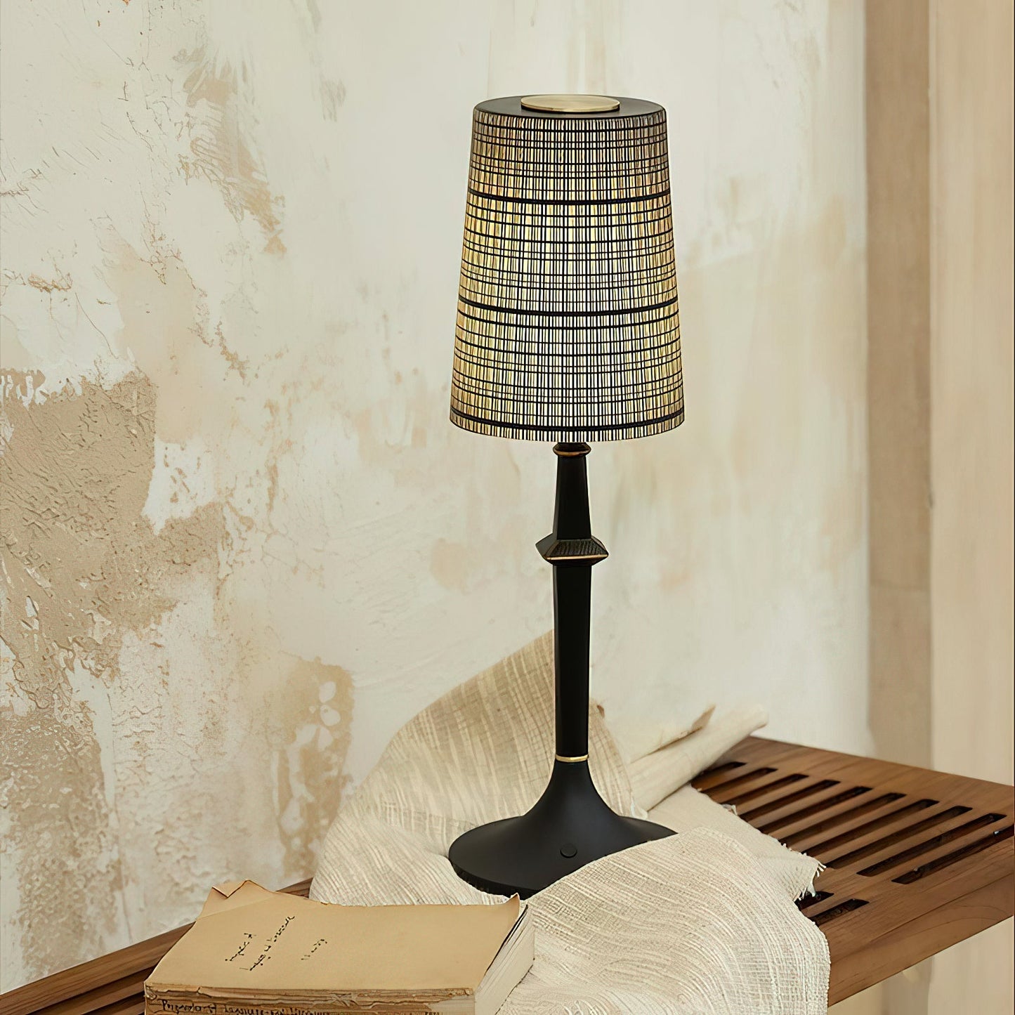 Devon Black Table Lamp - Portable Cordless Rechargeable Wood & Glass Light