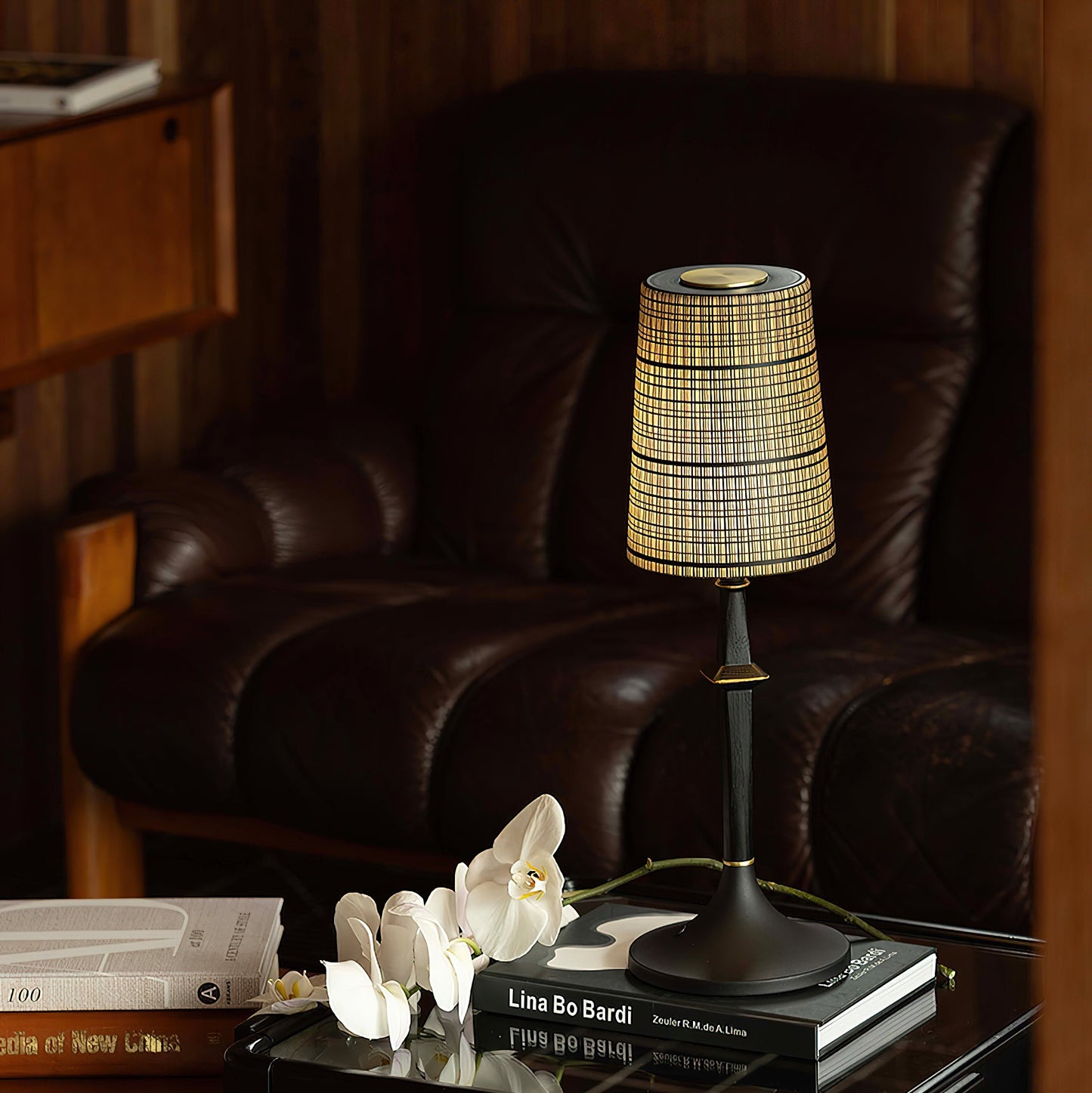 Devon Black Table Lamp - Portable Cordless Rechargeable Wood & Glass Light