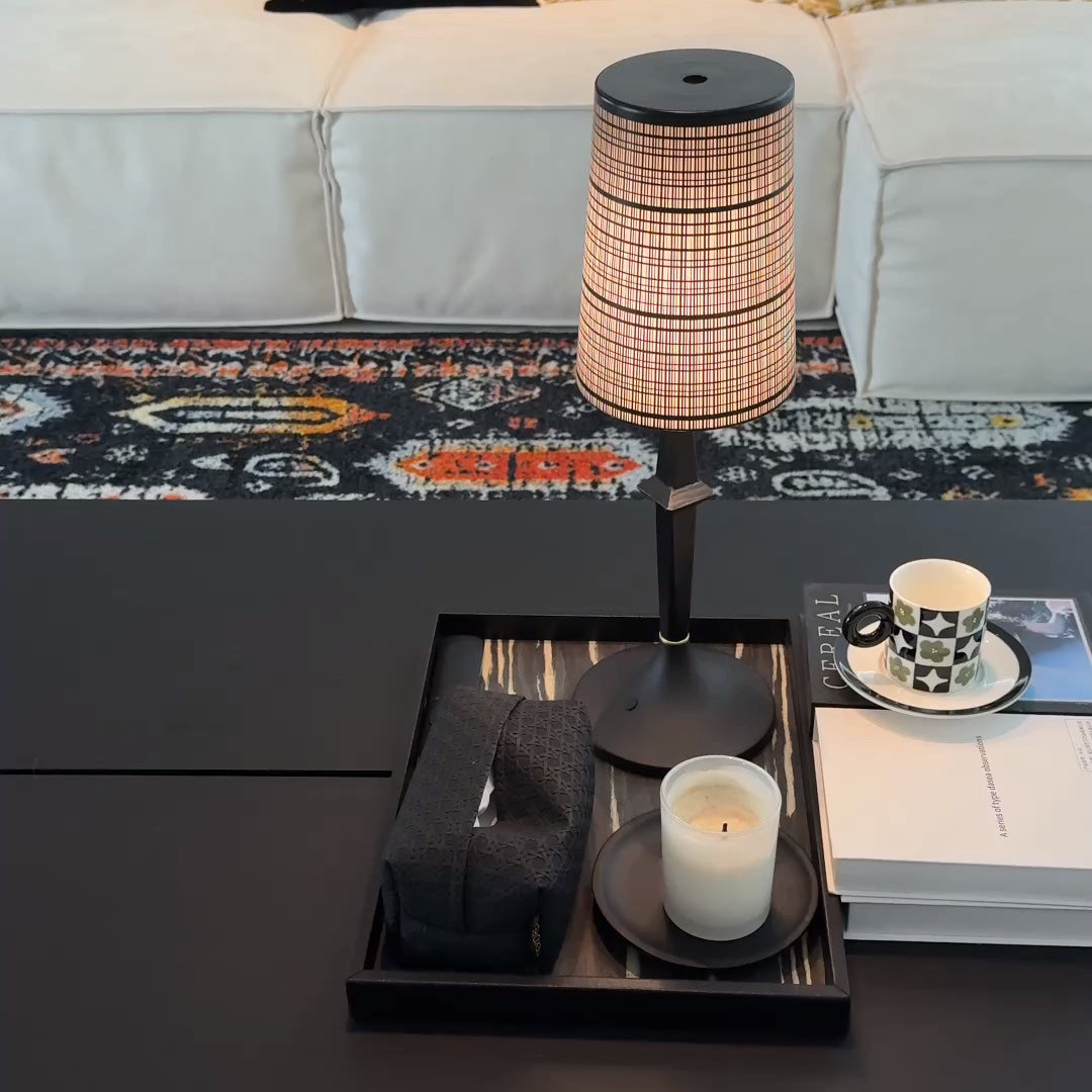 Devon Black Table Lamp - Portable Cordless Rechargeable Wood & Glass Light