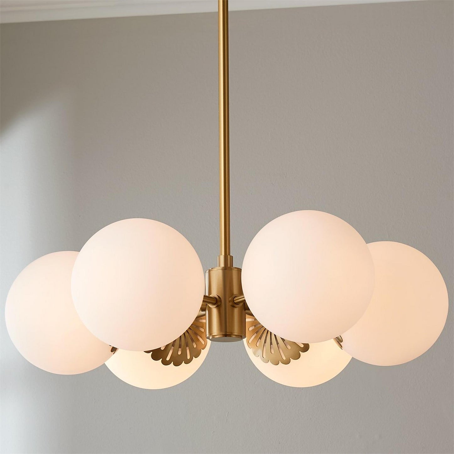 Dewdrop Globe Chandelier - 6-Light Art Deco Flower Cap Glass Pendant