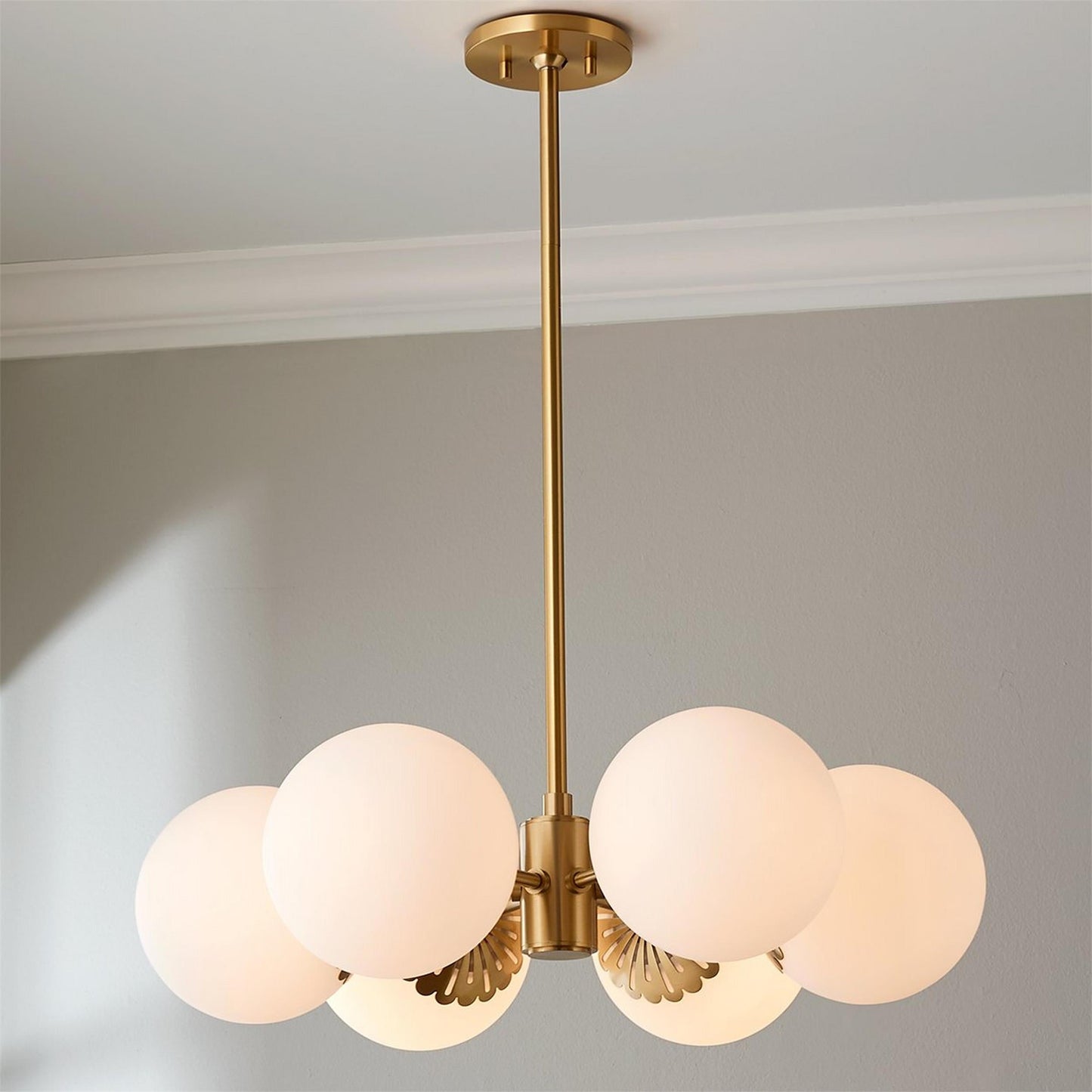 Dewdrop Globe Chandelier - 6-Light Art Deco Flower Cap Glass Pendant