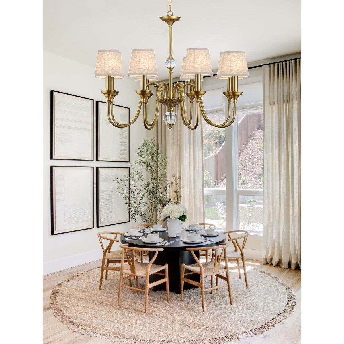Diana Brass Chandelier – Classical Floral Relief Solid Brass & Fabric Shade Chandelier