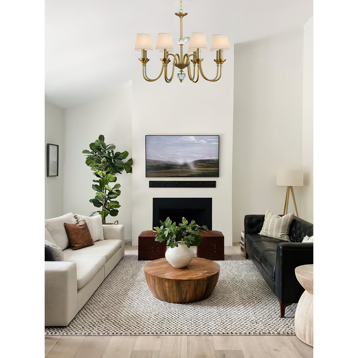 Diana Brass Chandelier – Classical Floral Relief Solid Brass & Fabric Shade Chandelier