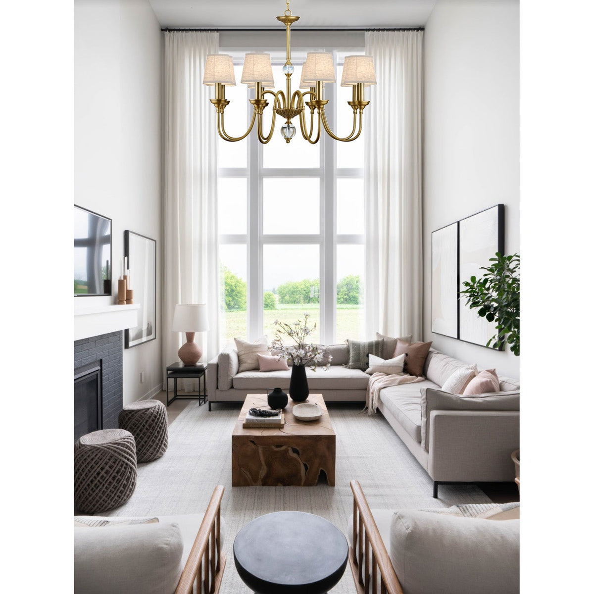 Diana Brass Chandelier – Classical Floral Relief Solid Brass & Fabric Shade Chandelier