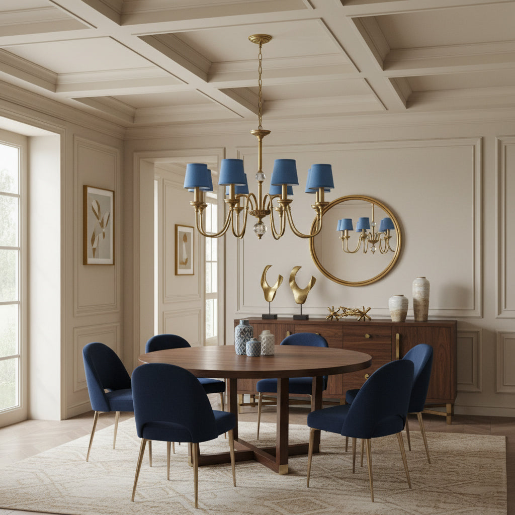 Diana Brass Chandelier – Classical Floral Relief Solid Brass & Fabric Shade Chandelier