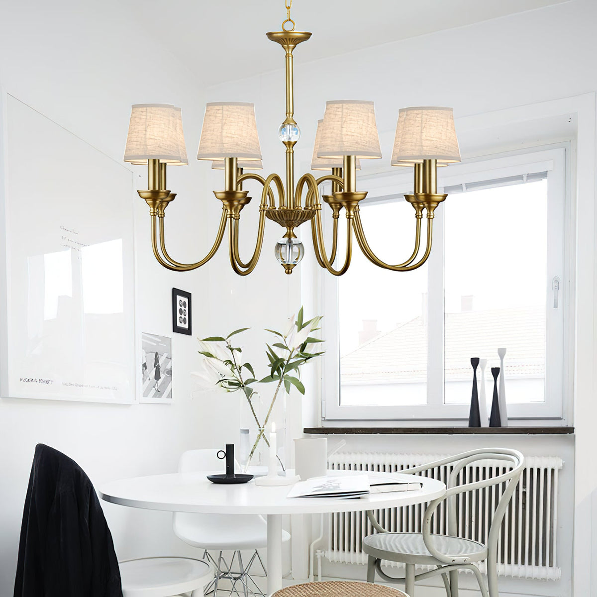 Diana Brass Chandelier – Classical Floral Relief Solid Brass & Fabric Shade Chandelier