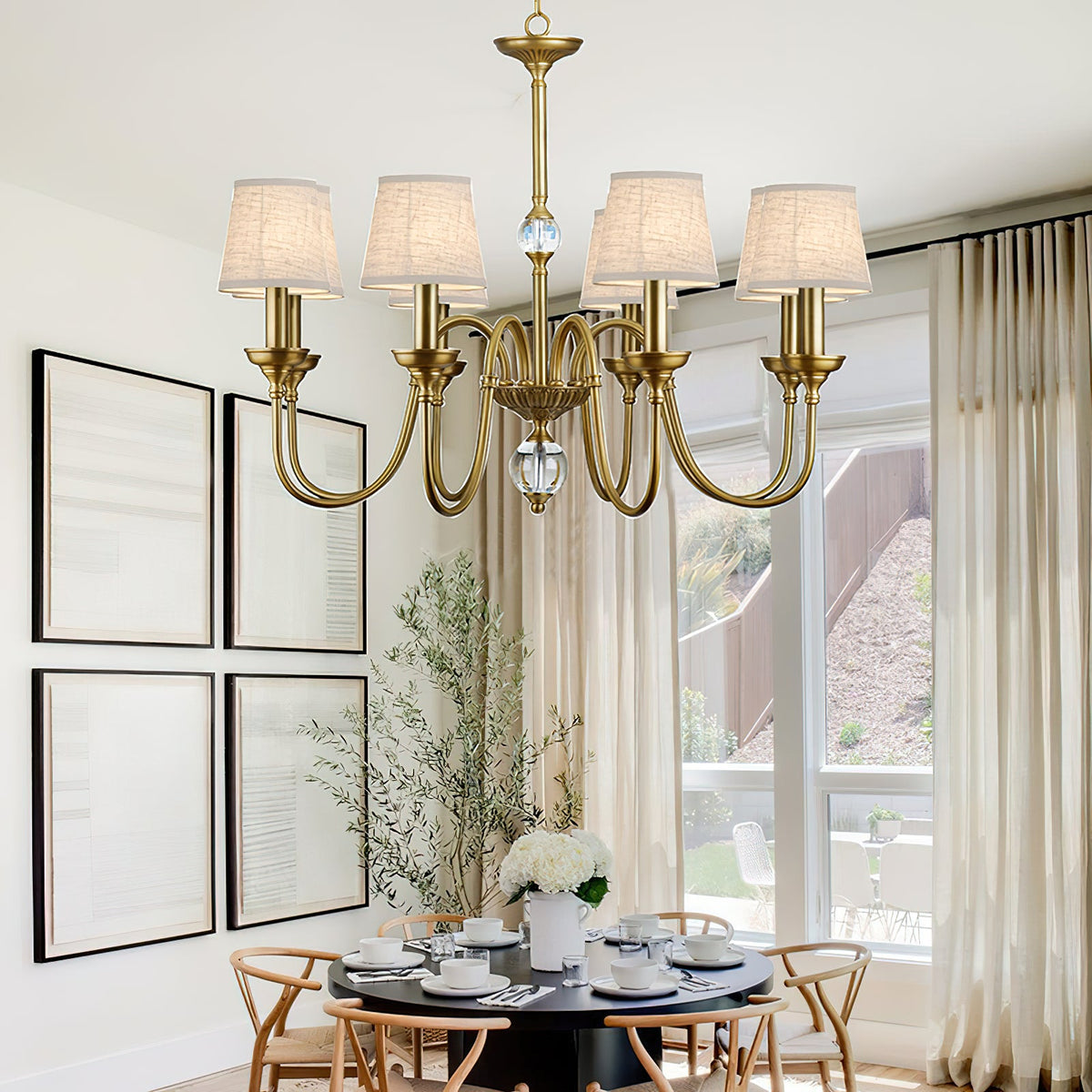 Diana Brass Chandelier – Classical Floral Relief Solid Brass & Fabric Shade Chandelier
