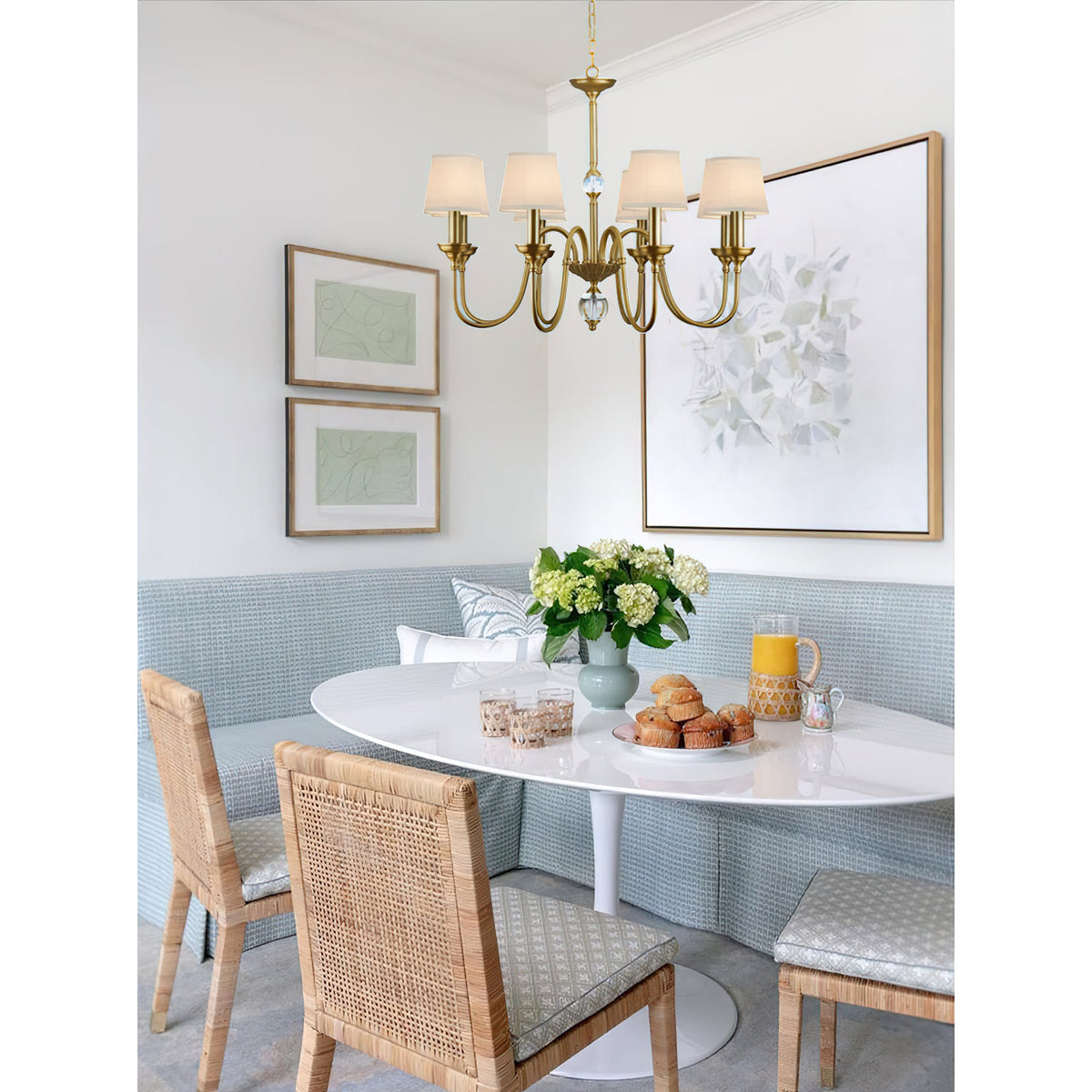 Diana Brass Chandelier – Classical Floral Relief Solid Brass & Fabric Shade Chandelier