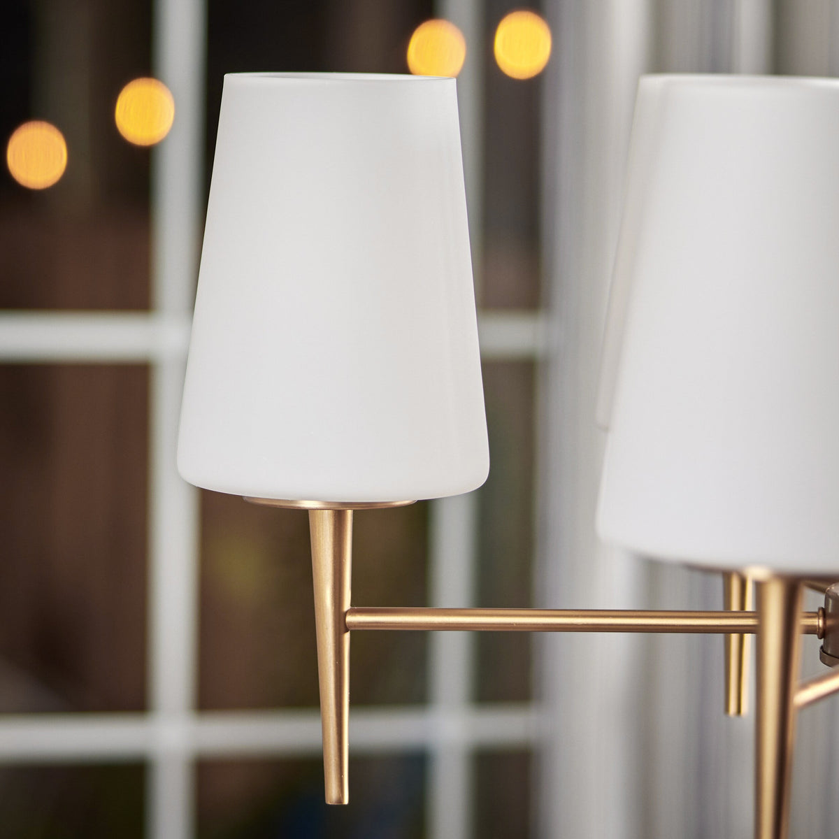 Driscoll Chandelier – Mid-Century Tapered Brass & Glass Shade Chandelier