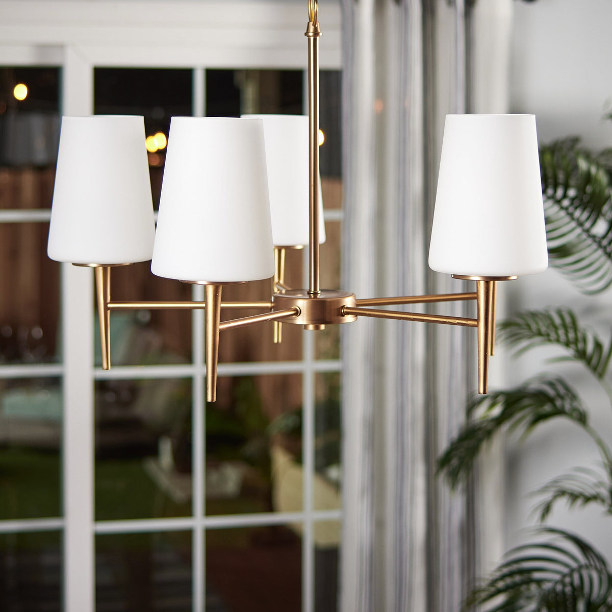 Driscoll Chandelier – Mid-Century Tapered Brass & Glass Shade Chandelier