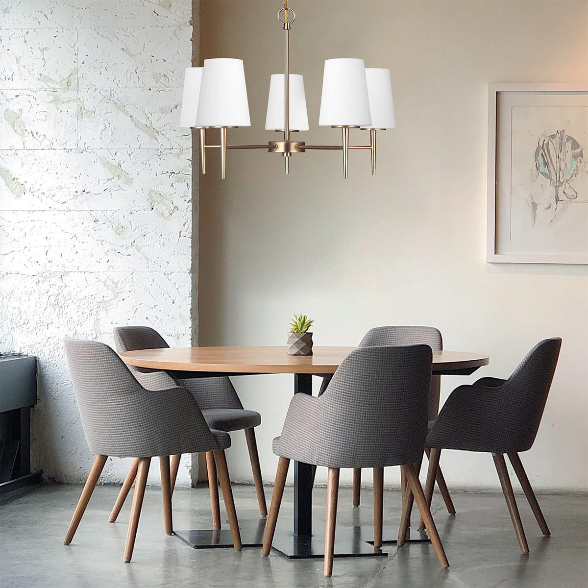 Driscoll Chandelier – Mid-Century Tapered Brass & Glass Shade Chandelier