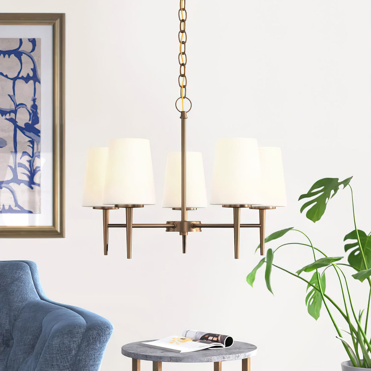 Driscoll Chandelier – Mid-Century Tapered Brass & Glass Shade Chandelier