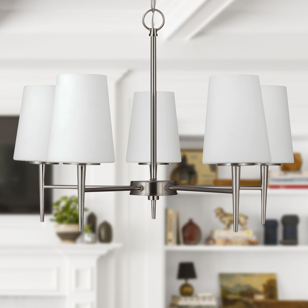 Driscoll Chandelier – Mid-Century Tapered Brass & Glass Shade Chandelier