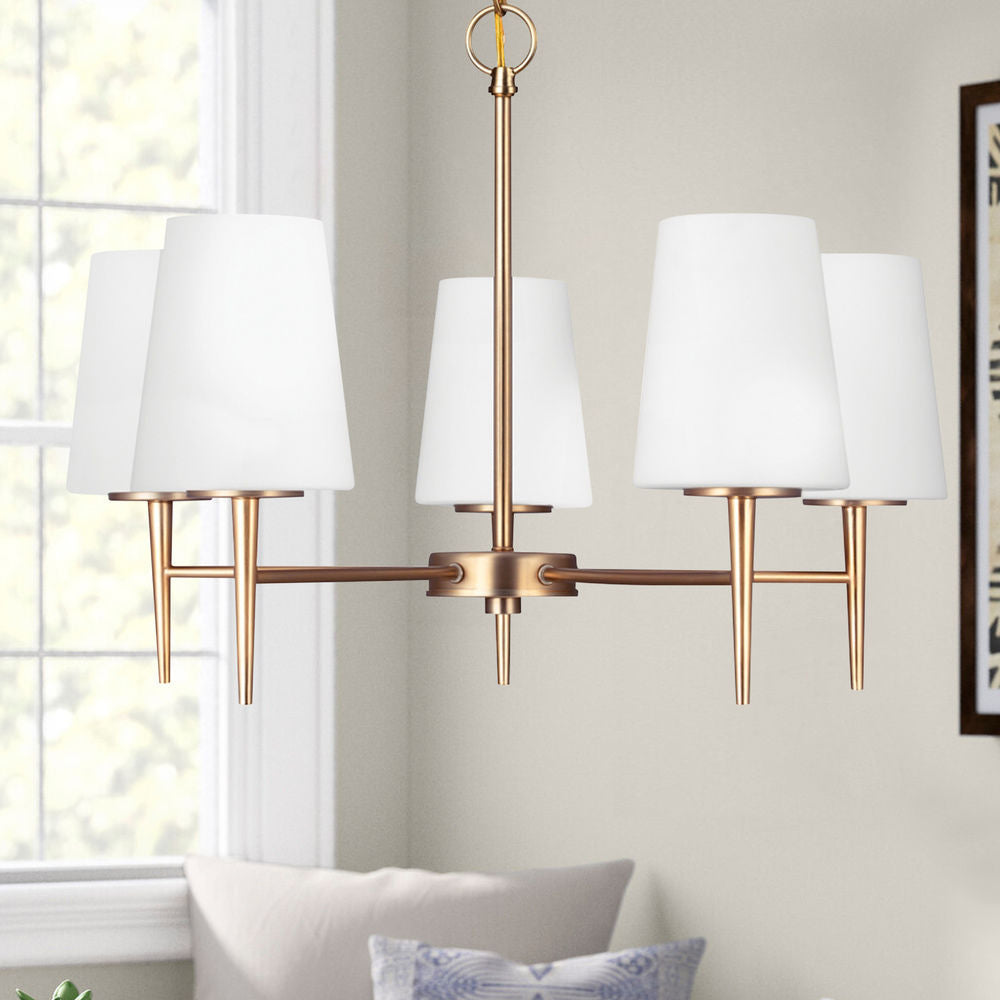 Driscoll Chandelier – Mid-Century Tapered Brass & Glass Shade Chandelier