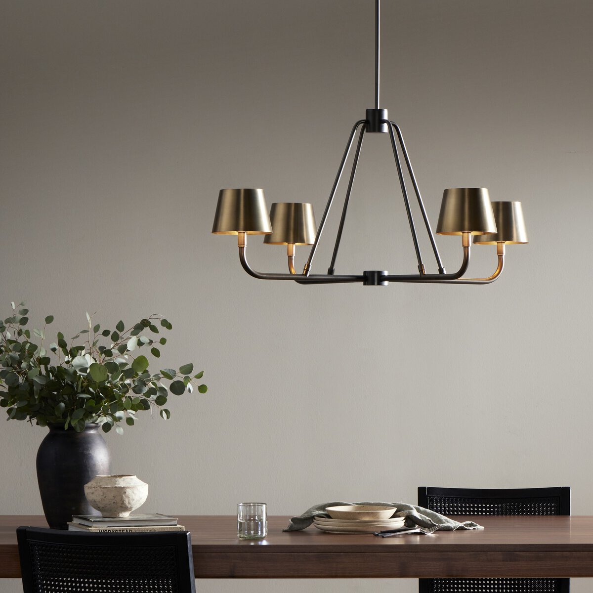 Dudley Brass Chandelier – Classic 4-Light Aged Brass Ceiling Light with Linen Shades
